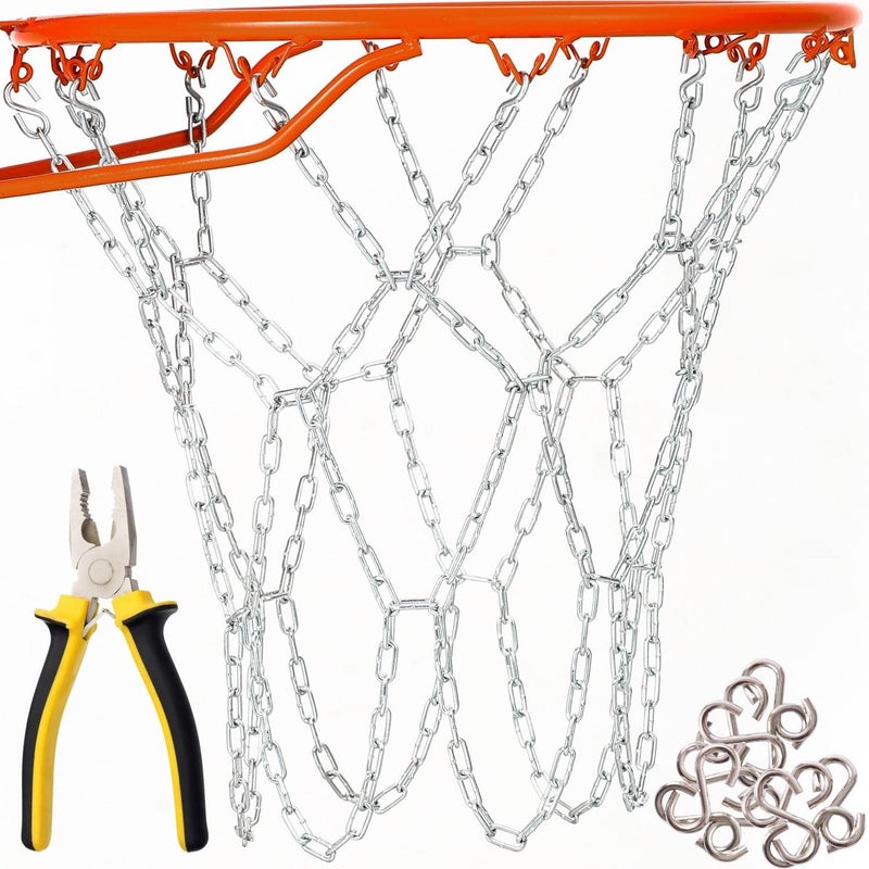 BETTERLINE Basketball Net Heavy Duty Metal Chain Replacement with 12 S-Hooks and Set of Pliers to Tighten Hooks | Rustproof Galvanized Iron 21-Inch (53 cm) Net (3.2mm Thick) - Image 1